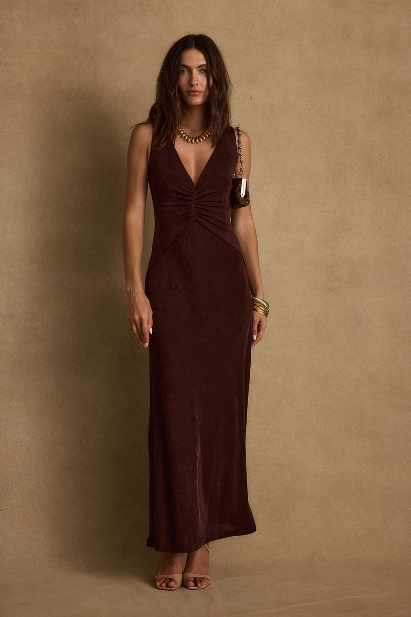Detail shot of the Reese Espresso Slinky Maxi Dress highlighting the design elements.