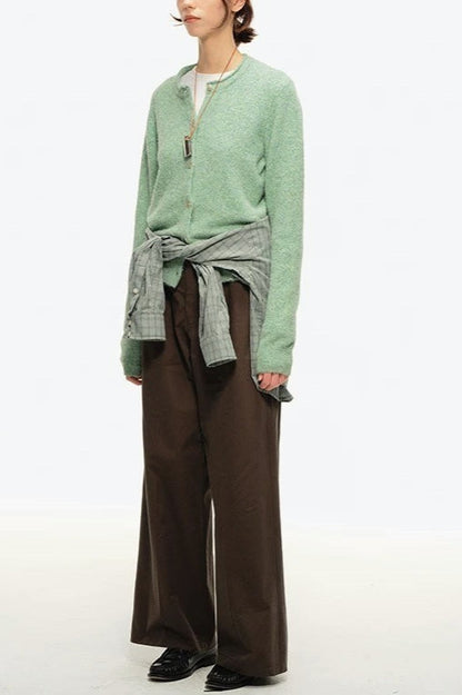 Retro Crew-Neck Green Knit Cardigan