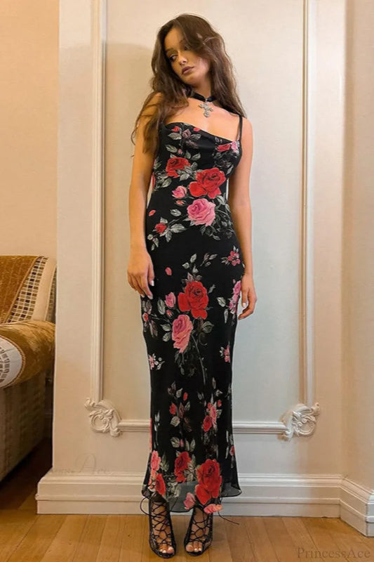 Retro Floral Cami Fitted Bodycon Maxi Dress Black / S