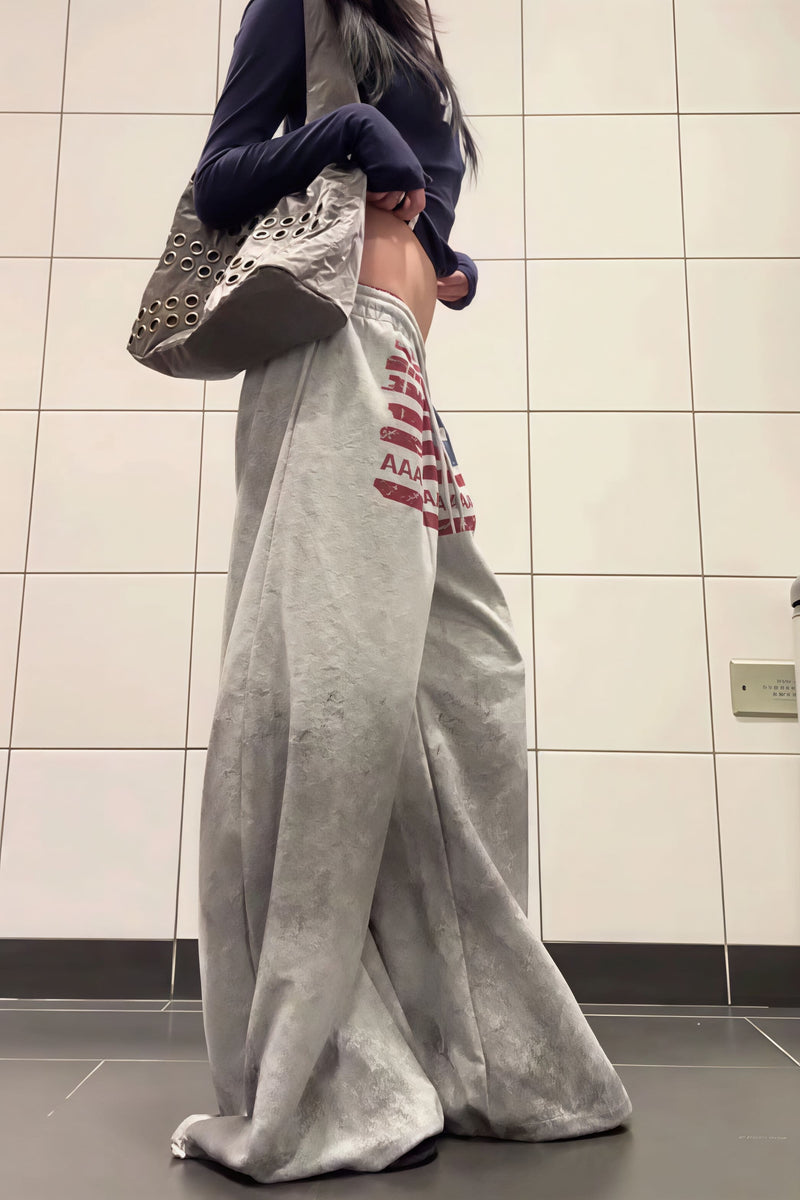 Retro Gray Graphic Drawcord Baggy Sweat Pants