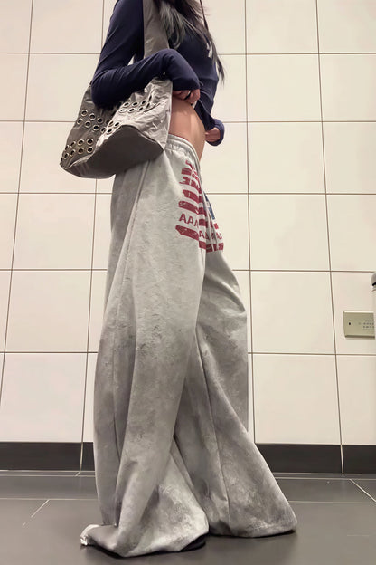 Retro Gray Graphic Drawcord Baggy Sweat Pants