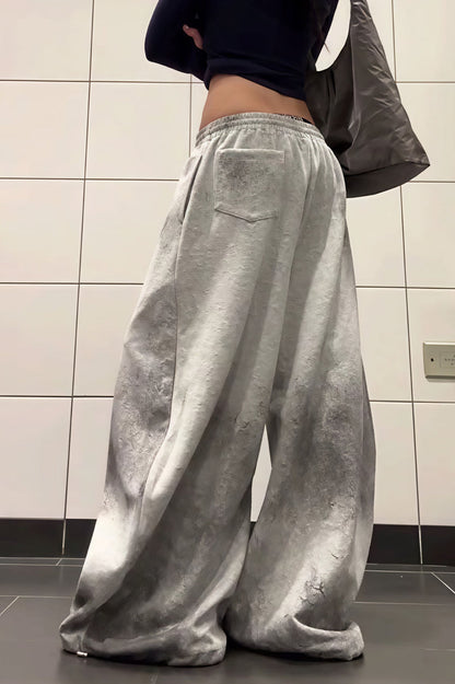Retro Gray Graphic Drawcord Baggy Sweat Pants