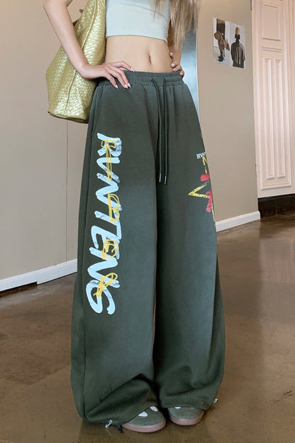 Retro High Waist Drawcord Graphic Sweat Pants