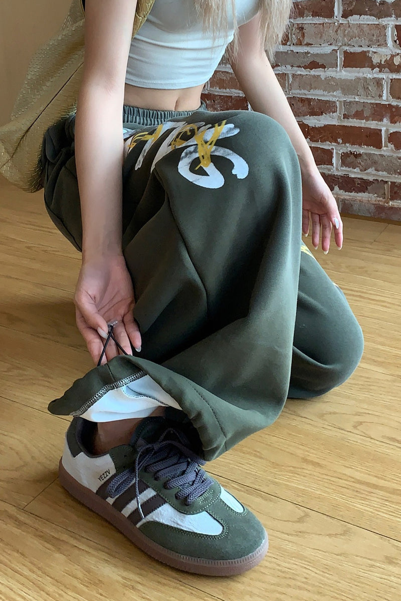 Retro High Waist Drawcord Graphic Sweat Pants