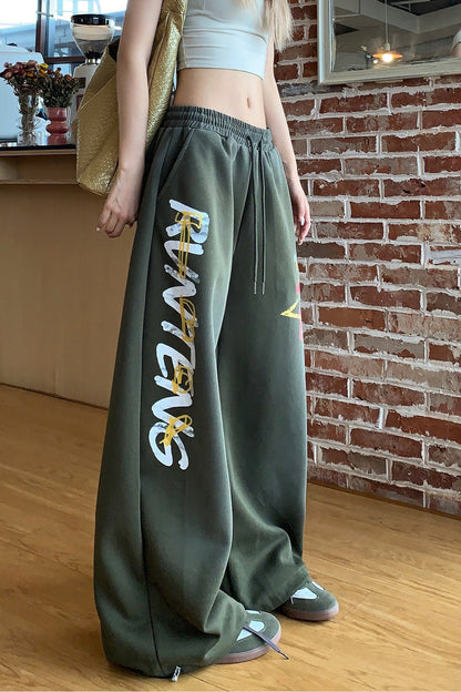 Retro High Waist Drawcord Graphic Sweat Pants