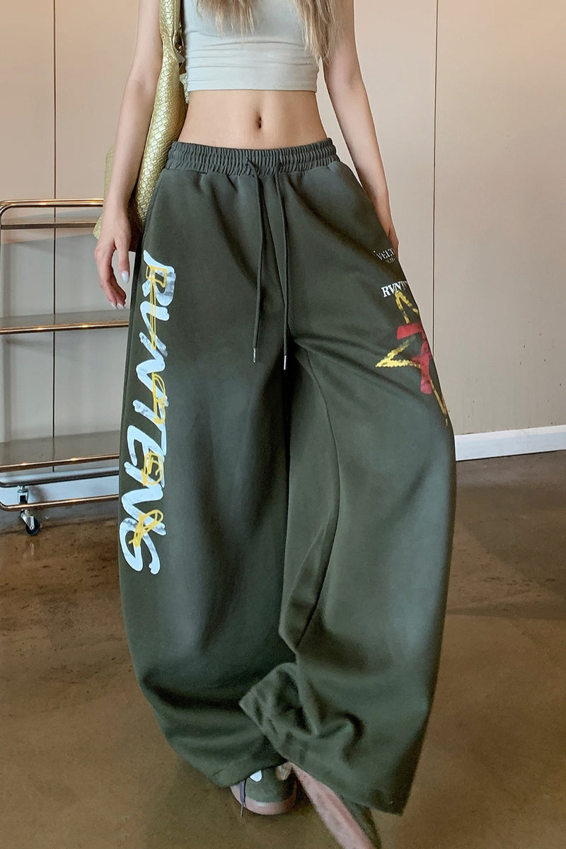 Retro High Waist Drawcord Graphic Sweat Pants