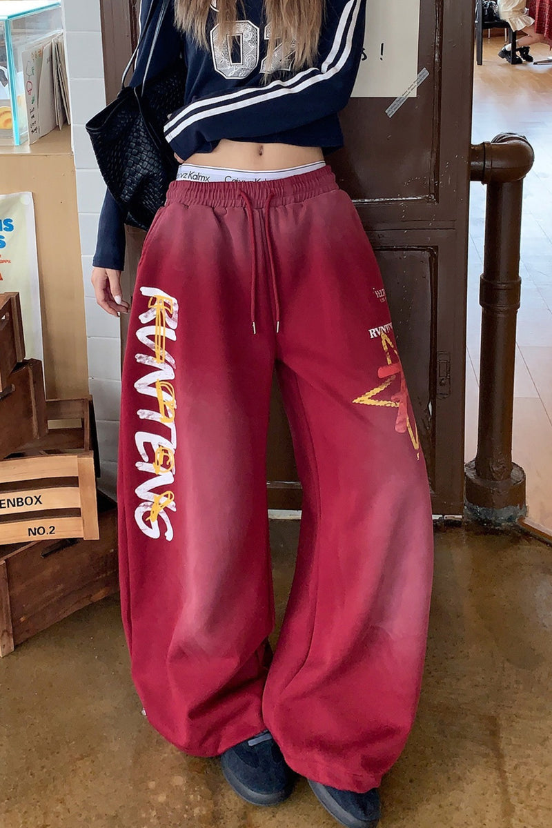 Retro High Waist Drawcord Graphic Sweat Pants