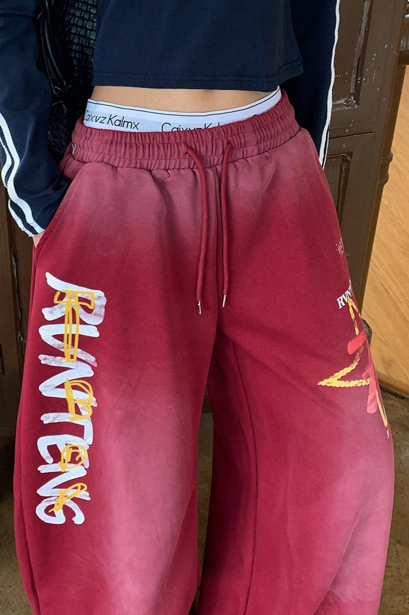 Retro High Waist Drawcord Graphic Sweat Pants