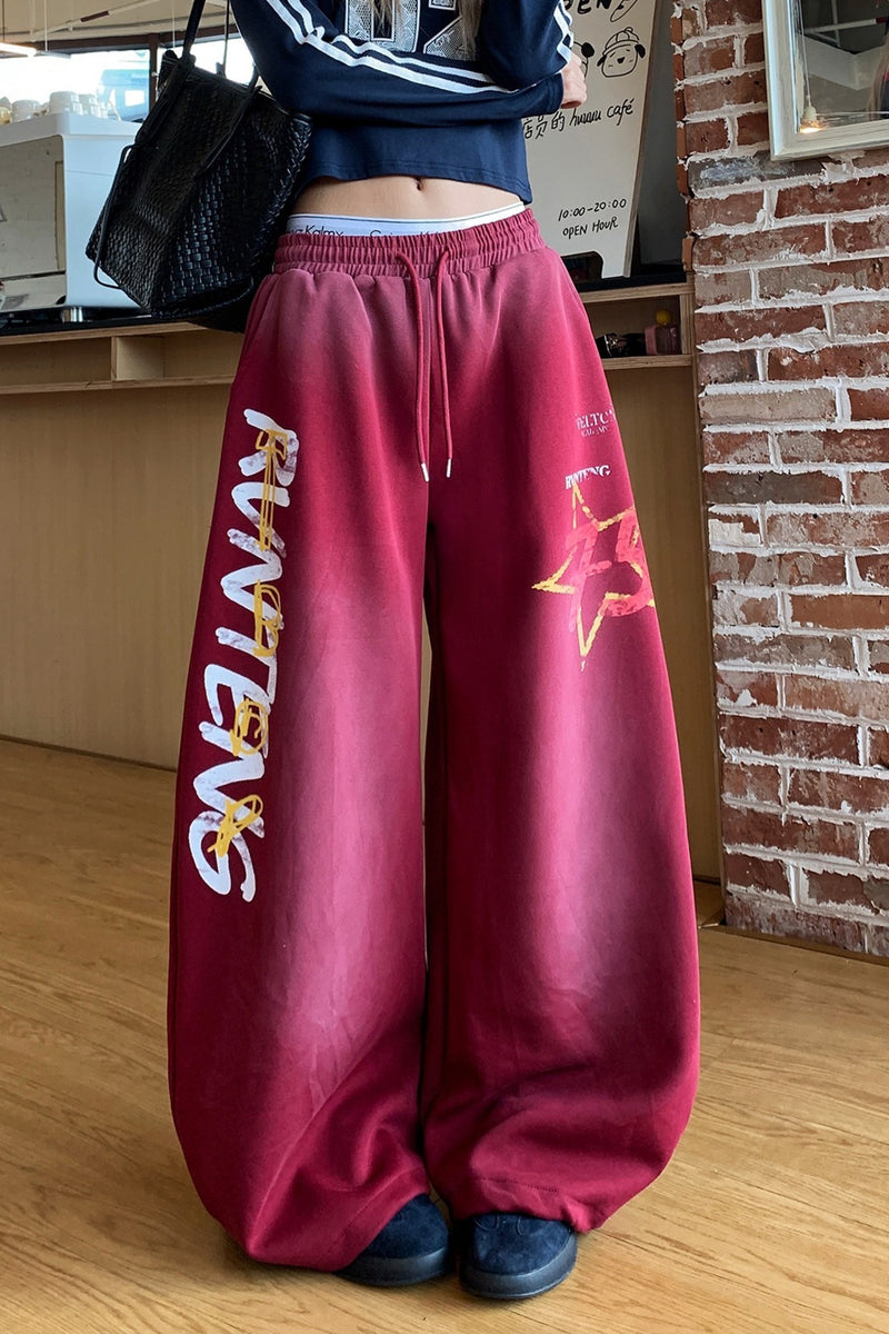 Retro High Waist Drawcord Graphic Sweat Pants