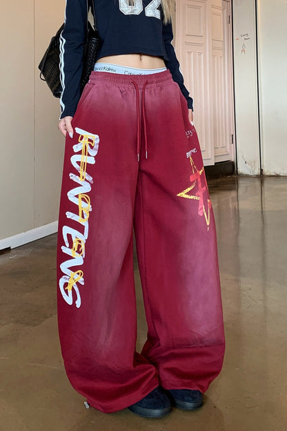 Retro High Waist Drawcord Graphic Sweat Pants