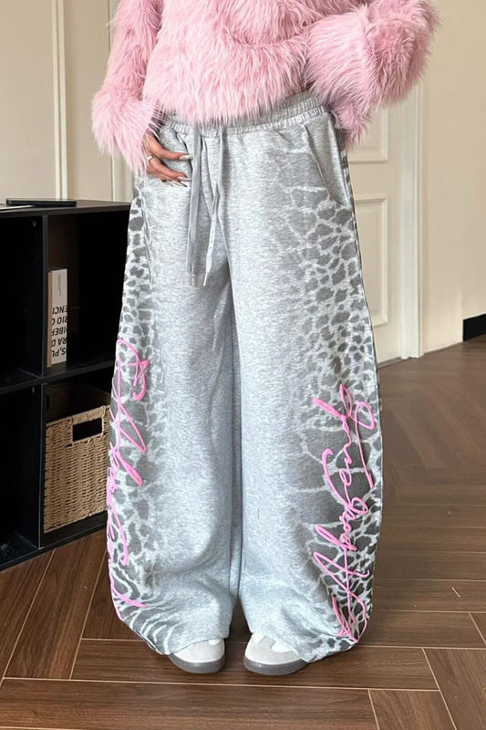 Retro Leopard Letter Embroidered Loose Pants