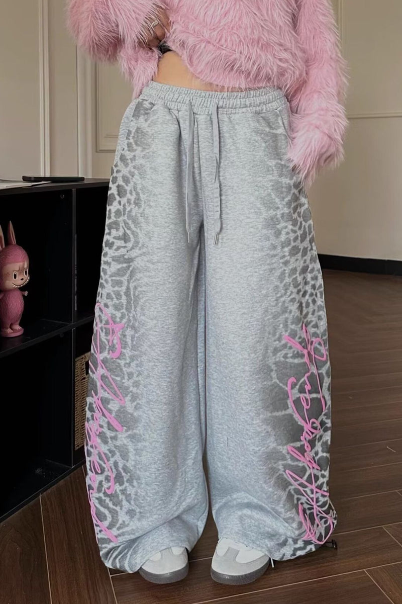 Retro Leopard Letter Embroidered Loose Pants