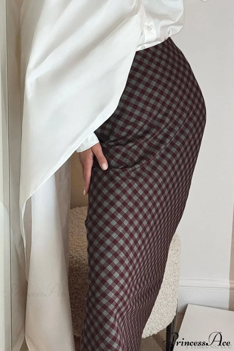 Retro Plaid Cotton Maxi Straight Skirt Brown / S
