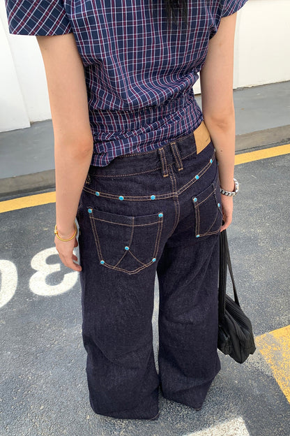 Retro Solid Diamond Accent Wide Leg Jeans