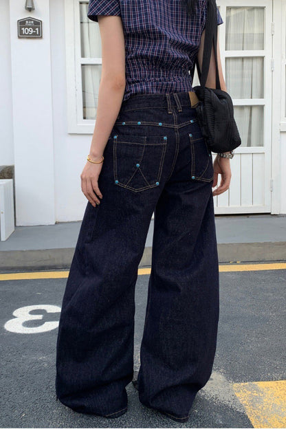 Retro Solid Diamond Accent Wide Leg Jeans