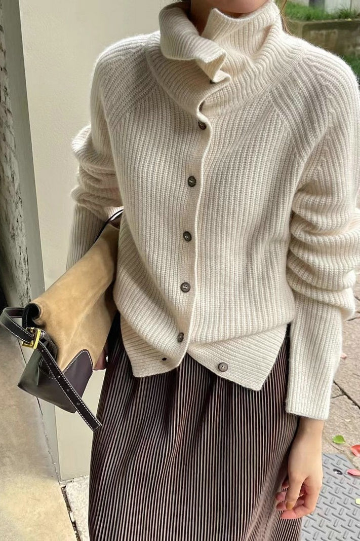 Retro Textured Rib Slim-Fit Single-Row Button Loose Solid Knit Cardigan