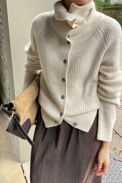 Retro Textured Rib Slim-Fit Single-Row Button Loose Solid Knit Cardigan