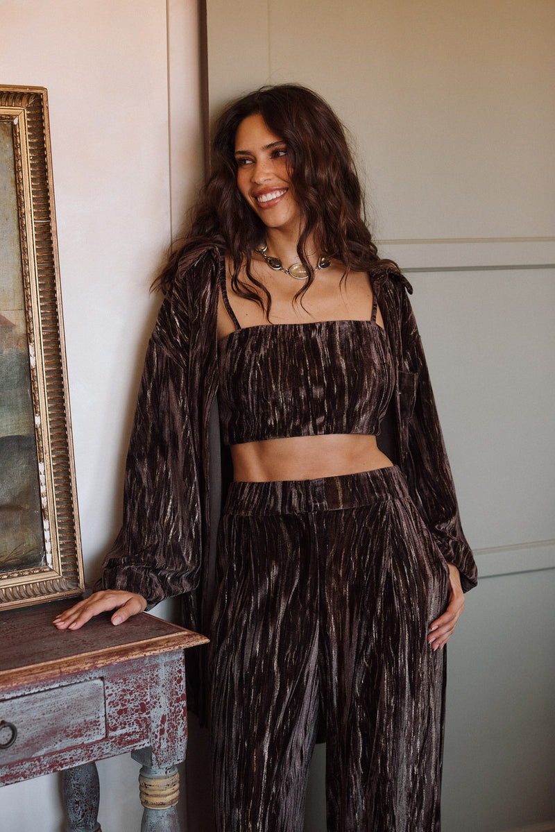 Rhea Espresso Velvet Crop Top paired with complementary accessories for a polished look.