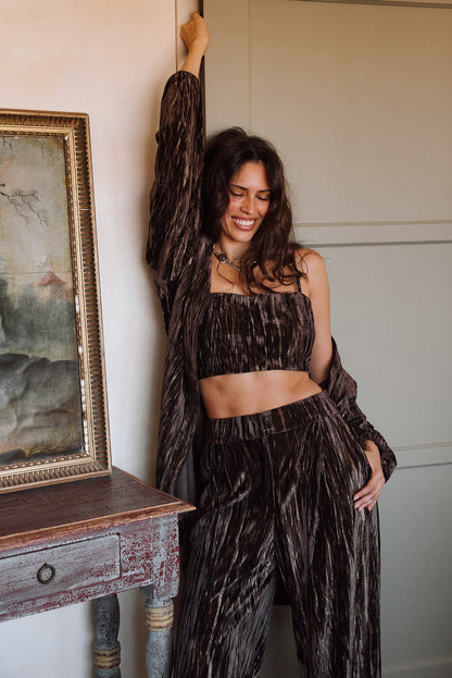 Additional view of the Rhea Espresso Velvet Crop Top from a different perspective.