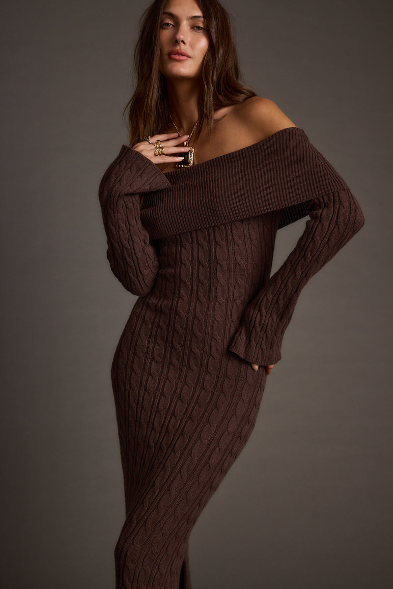 Rhiannon Espresso Sweater Maxi Dress shown in a complementary styling arrangement.