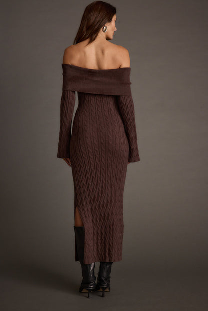 Product view of the Rhiannon Espresso Sweater Maxi Dress showcasing versatility and wearability.
