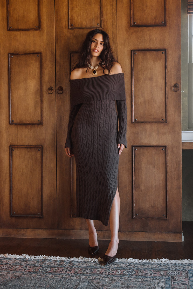Rhiannon Espresso Sweater Maxi Dress shown in a complementary styling arrangement.