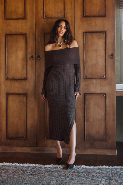 Rhiannon Espresso Sweater Maxi Dress shown in a complementary styling arrangement.