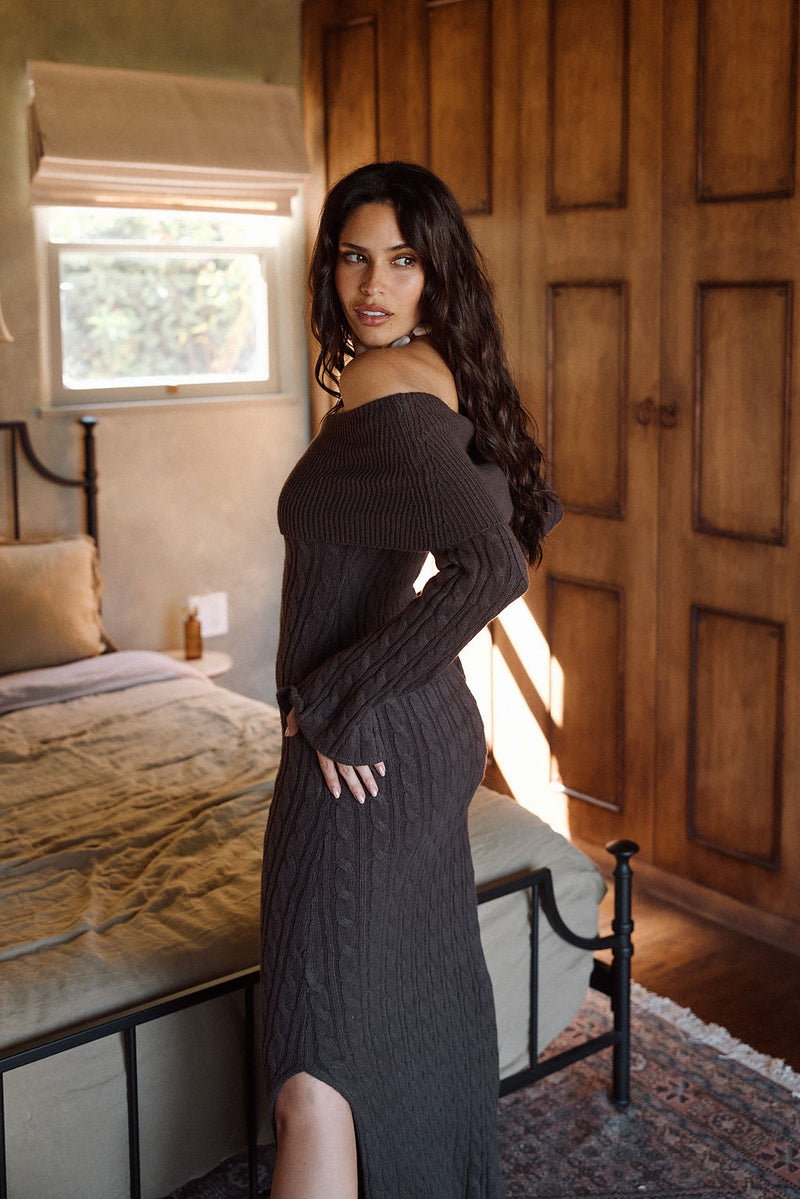 Alternate angle of the espresso maxi dress highlighting the overall design.