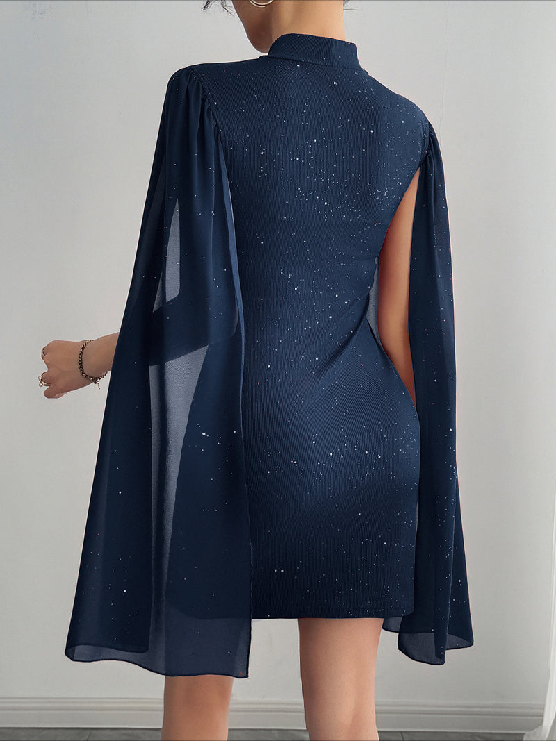 Rhinestone Spliced Round Neck Slim Fit Mini Dress