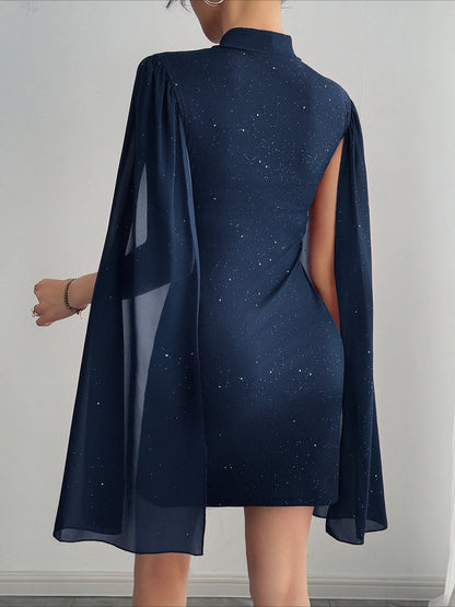 Rhinestone Spliced Round Neck Slim Fit Mini Dress