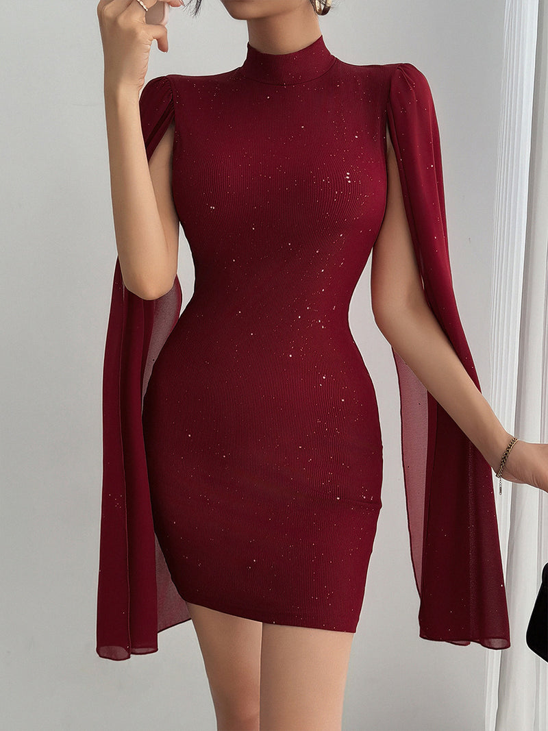 Rhinestone Spliced Round Neck Slim Fit Mini Dress