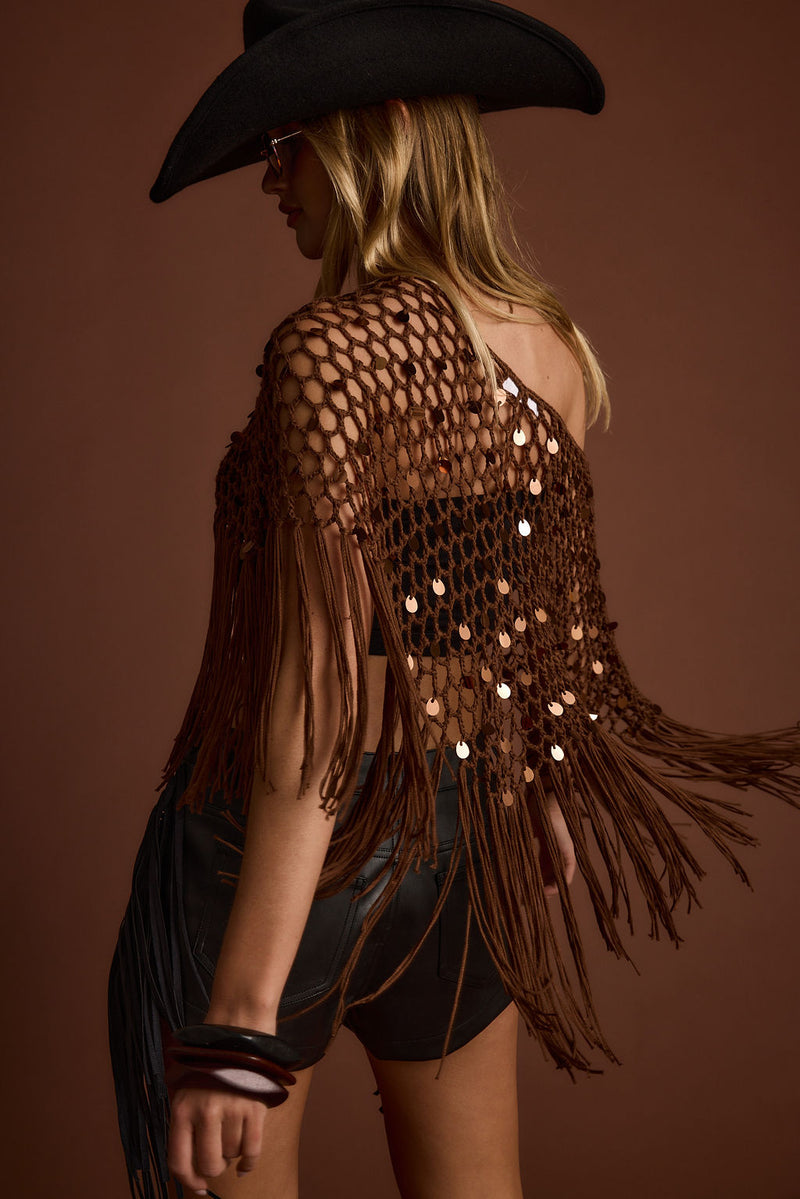 Detail shot of the Rianne Mocha Sequin Crochet Shawl highlighting the sequin and crochet elements.