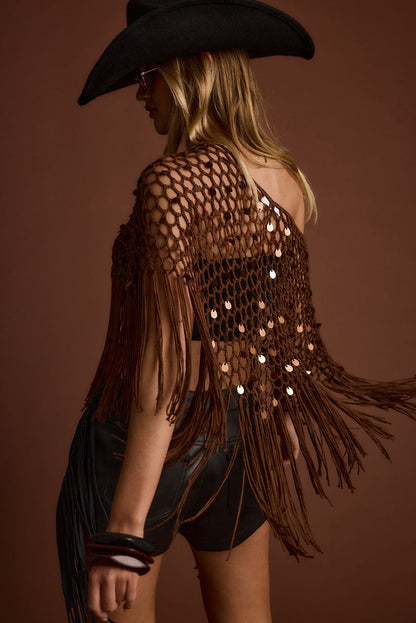 Detail shot of the Rianne Mocha Sequin Crochet Shawl highlighting the sequin and crochet elements.