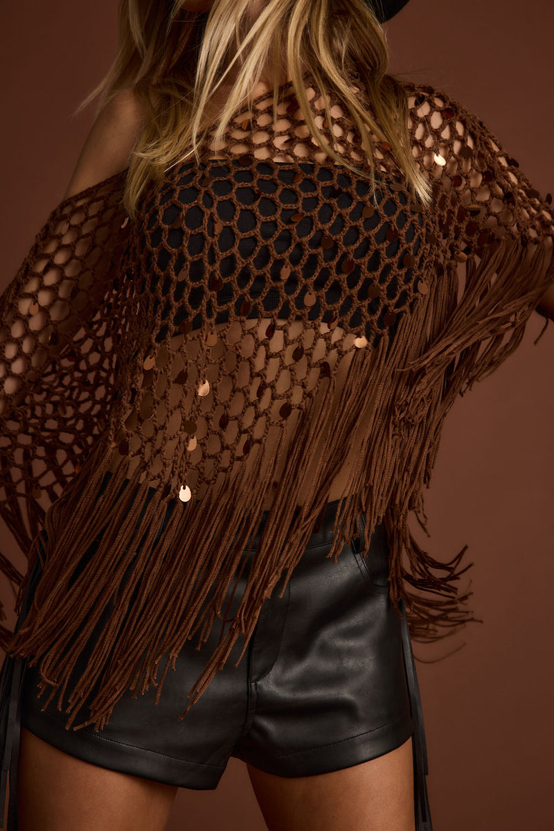 Additional view of the Rianne Mocha Sequin Crochet Shawl from a different perspective.