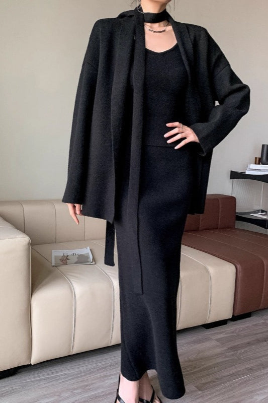 Ribbed High-End Knit Cardigan Tank Wide-Leg Pants Three Piece Set