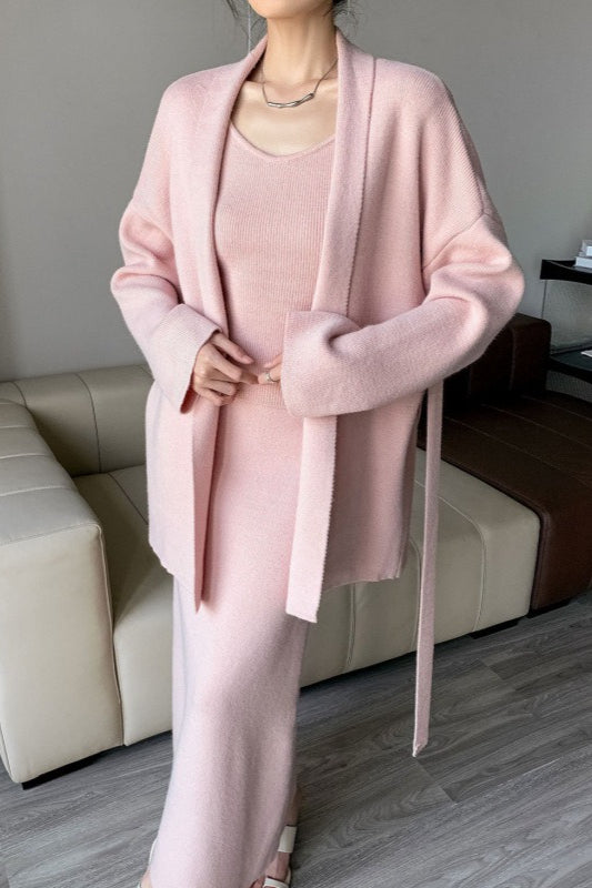 Ribbed High-End Knit Cardigan Tank Wide-Leg Pants Three Piece Set