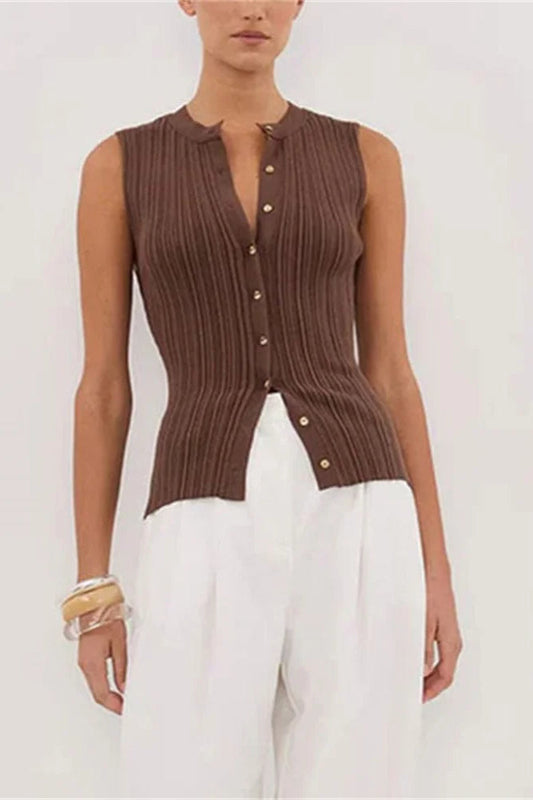 Ribbed Sleeveless Knit Cardigan Dark Brown / S