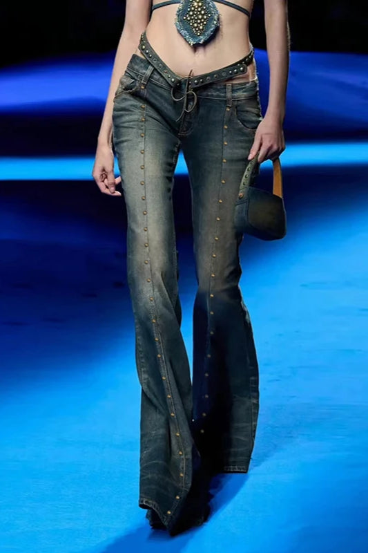 Rivet Stitch Low Rise Flared Jeans Blue / S