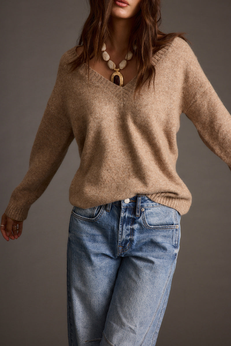 Robbyn Light Taupe Sweater styled in a complete look from an alternate angle.