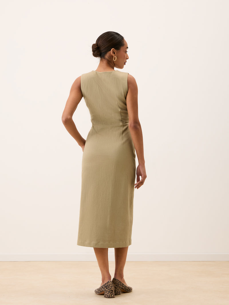 ADELINA beige long dress worn on a model by Rouje