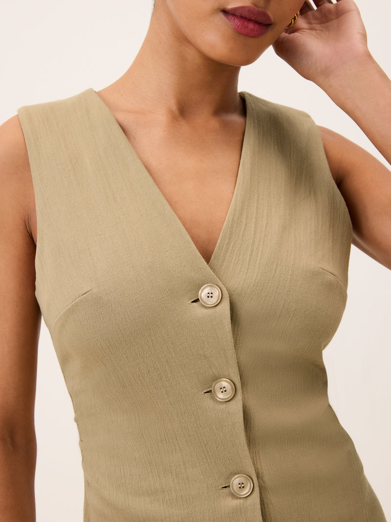 ADELINA beige sleeveless long dress, back view by Rouje