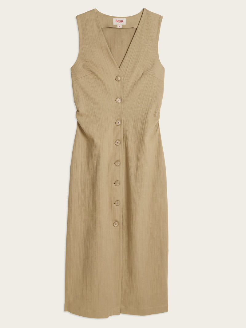 ADELINA beige sleeveless long stretch-cotton dress, flat packshot by Rouje