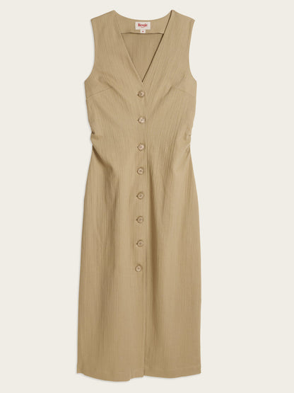 ADELINA beige sleeveless long stretch-cotton dress, flat packshot by Rouje