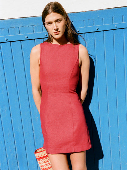 ALBERTA red denim lace-up dress, lifestyle view by Rouje