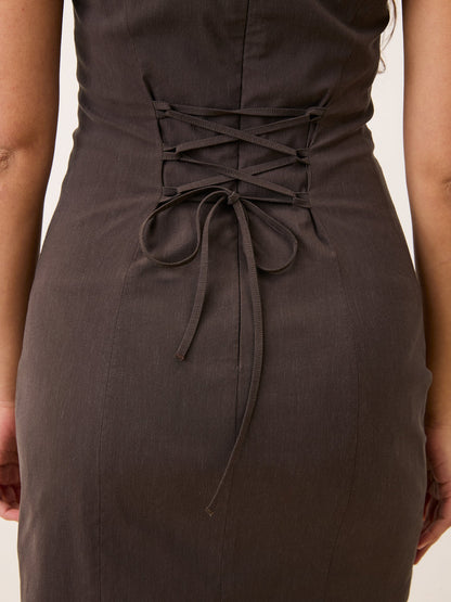 ALBERTA brown denim sleeveless dress, back view with lace-up detail by Rouje