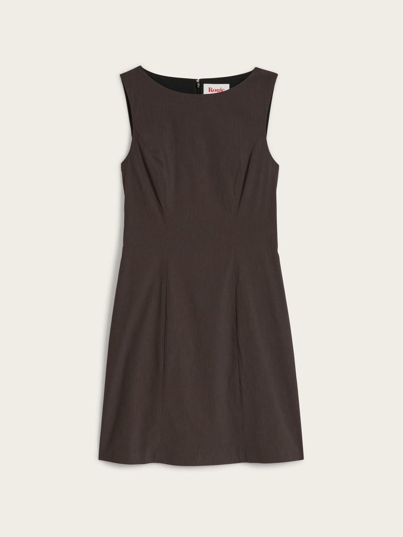 ALBERTA brown denim sleeveless short dress, flat packshot by Rouje
