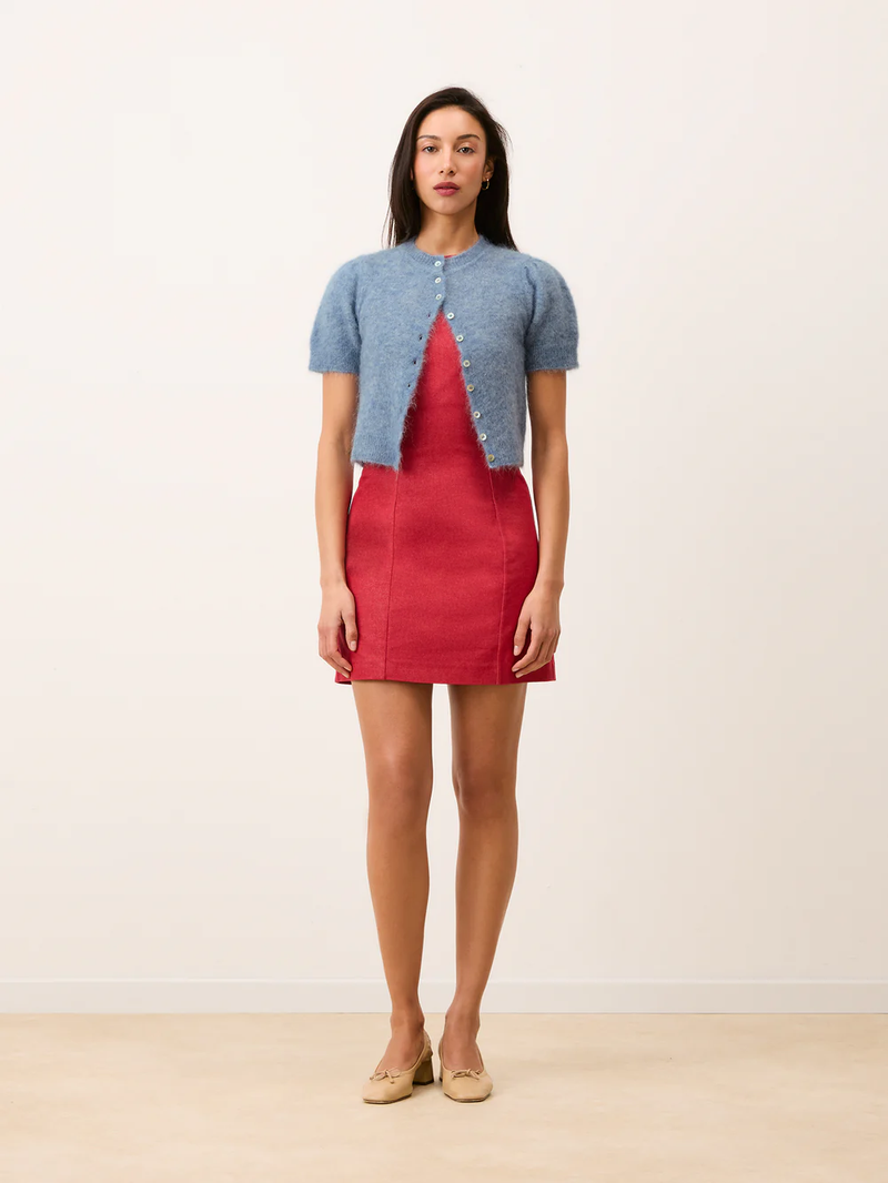 ALBERTA red denim short dress, side view by Rouje