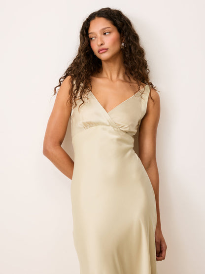 ALICE cream satin midi dress worn on a model by Rouje