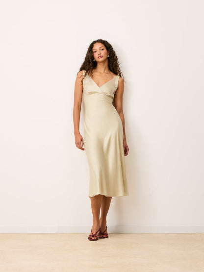 ALICE cream satin sleeveless midi dress, front view by Rouje