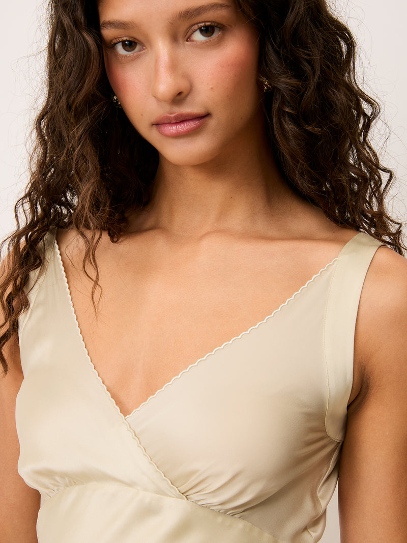 ALICE cream satin midi dress, detail of V-neck by Rouje